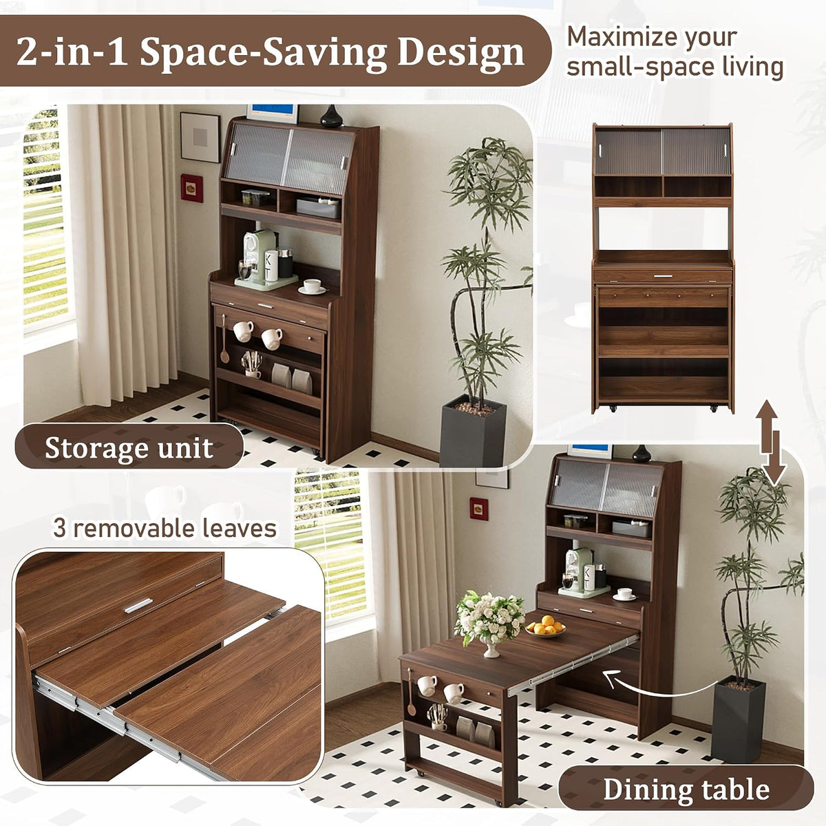 L-Shaped Kitchen Pantry with Hutch and Foldable Dining Table, Sideboard Buffet Cabinet with Sotrage Shelf and Side Hooks, Foldable Cupboard for Kitchen, Dining Room, Walnut