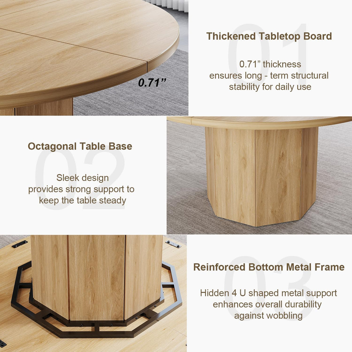 HSH 47” Round Dining Table for 4, Modern Farmhouse Wood Dinner Table with Octagon Pedestal Base, Circular Kitchen Dining Room Table for Home Apartment Living Room, Light Oak