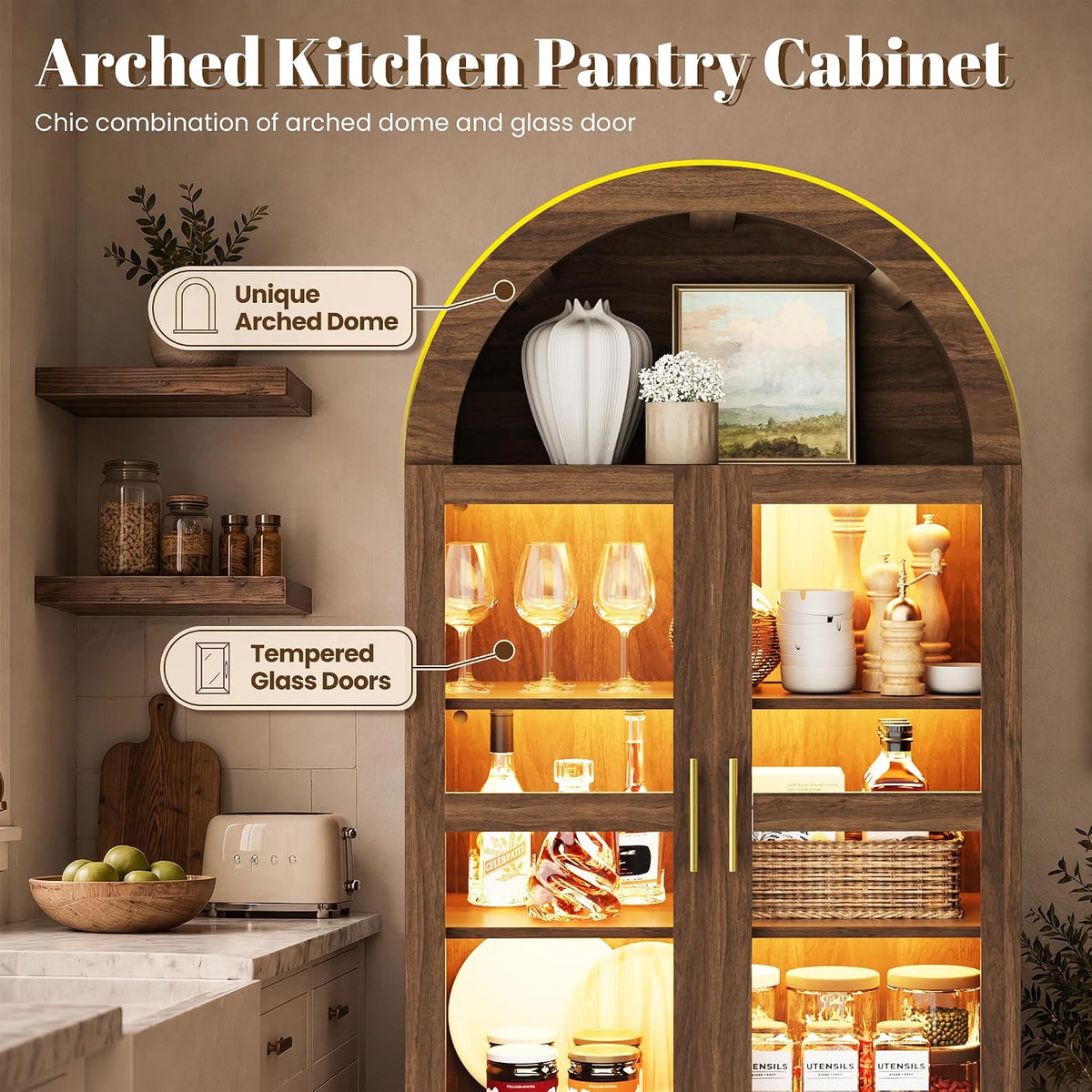 Pamapic Arched Kitchen Pantry Cabinet, 71" Tall Arched Cabinet with LED Light & Glass Doors, Farmhouse Kitchen Storage Cabinet with 2 Large Drawers, Wooden Pantry for Dining Room, Living Room (Brown)