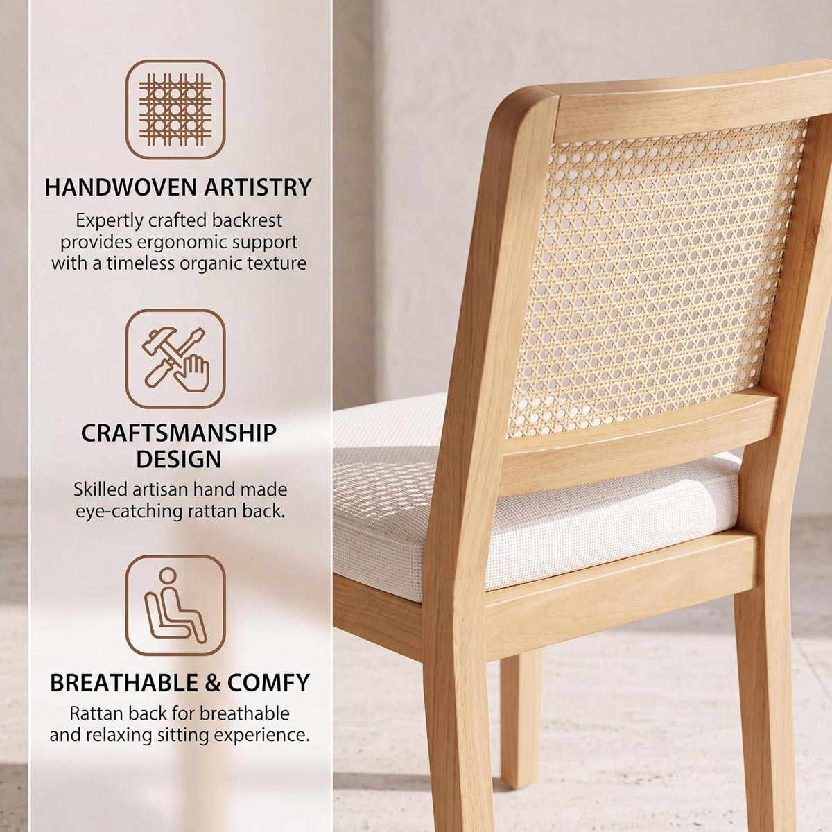 HNY Modern Farmhouse Rattan Dining Chairs Set of 4 Beige Chenille Upholstered Dining Room Chair with Cane Back Mid Century Natural Wood Kitchen Chairs, Boho Accent Wicker Woven Chairs for Living Room