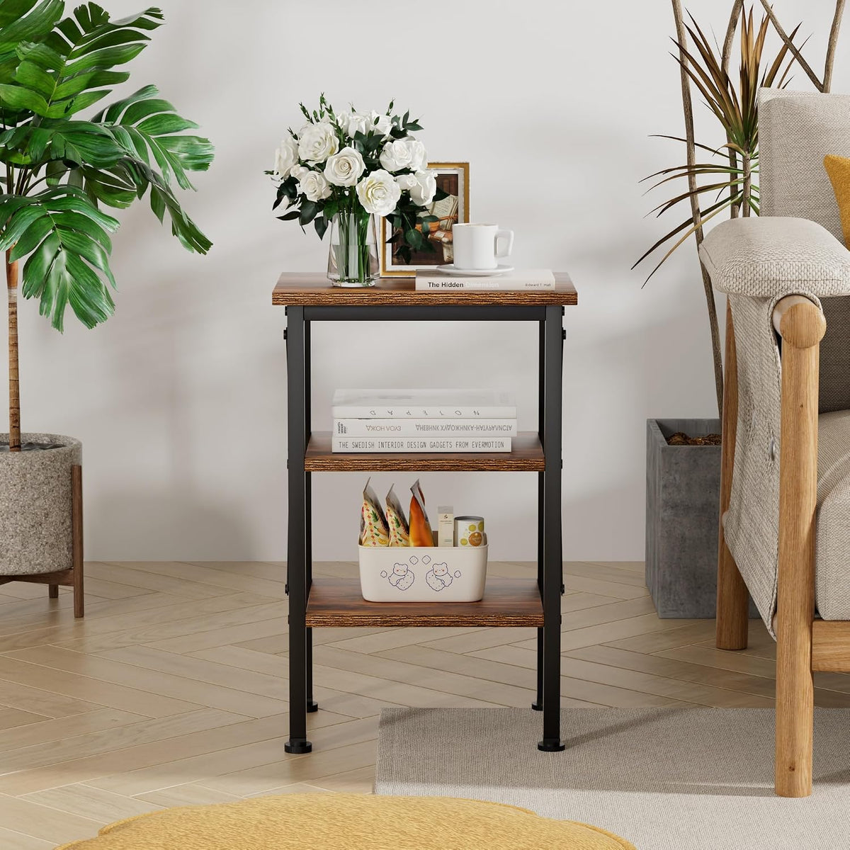 VECELO End Side Table Night Stand,X-Design with Storage Shelf for Bedroom,Living Room,Brown