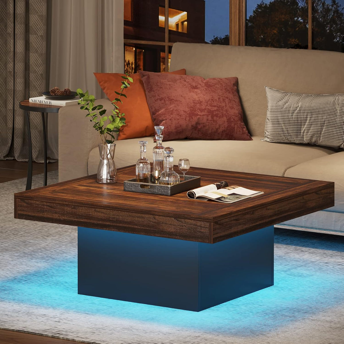 Tribesigns 35.4-Inch Square Coffee Table with LED Light, Modern Wood Coffee Table, Large Center Table for Living Room, Rustic Brown & Black