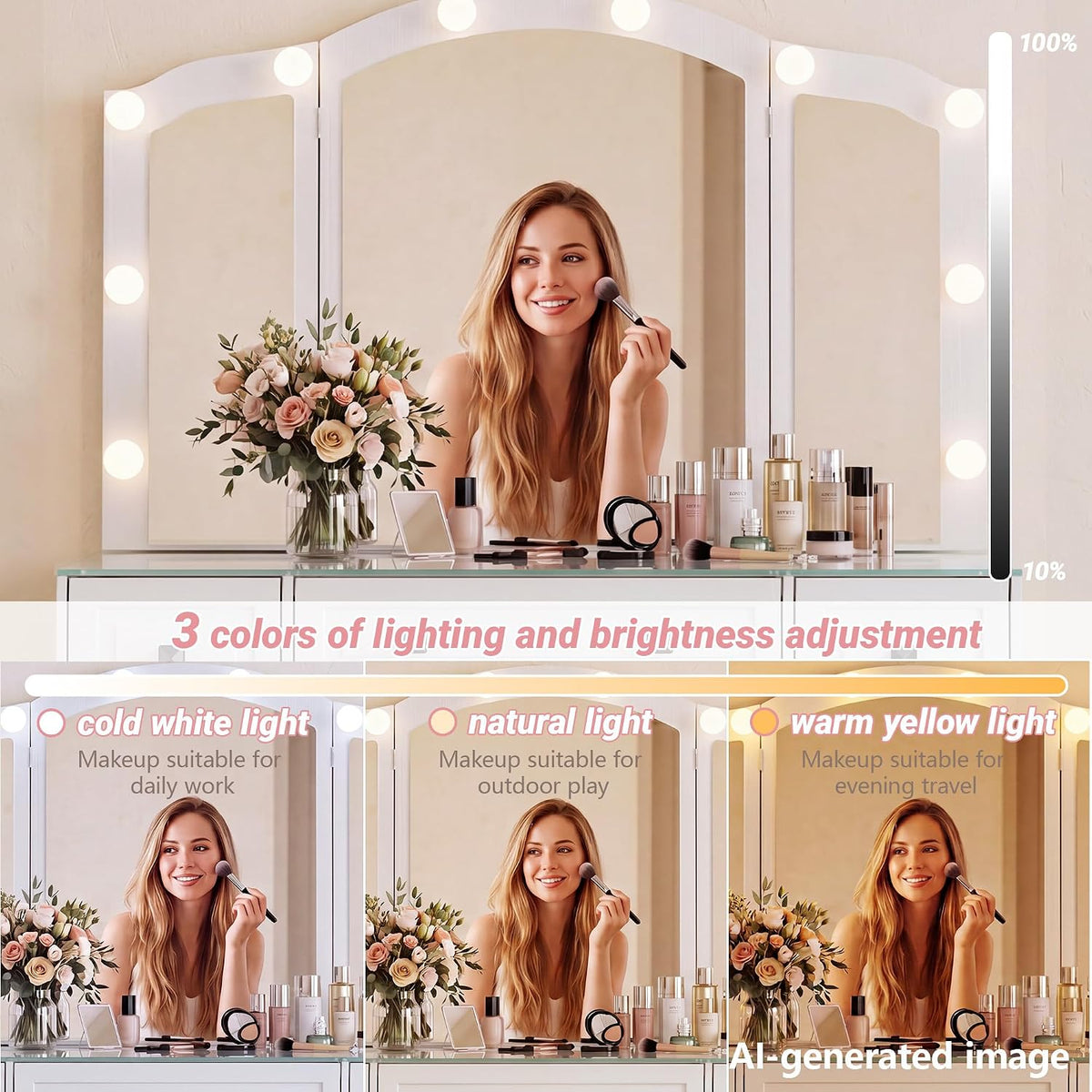 senlin Vintage Vanity with Lighted Mirror & Outlet (White) | Retro dressing table with 5 drawers and glass top. Third-fold lighted mirror for bedroom. Power outlet suitable for women.