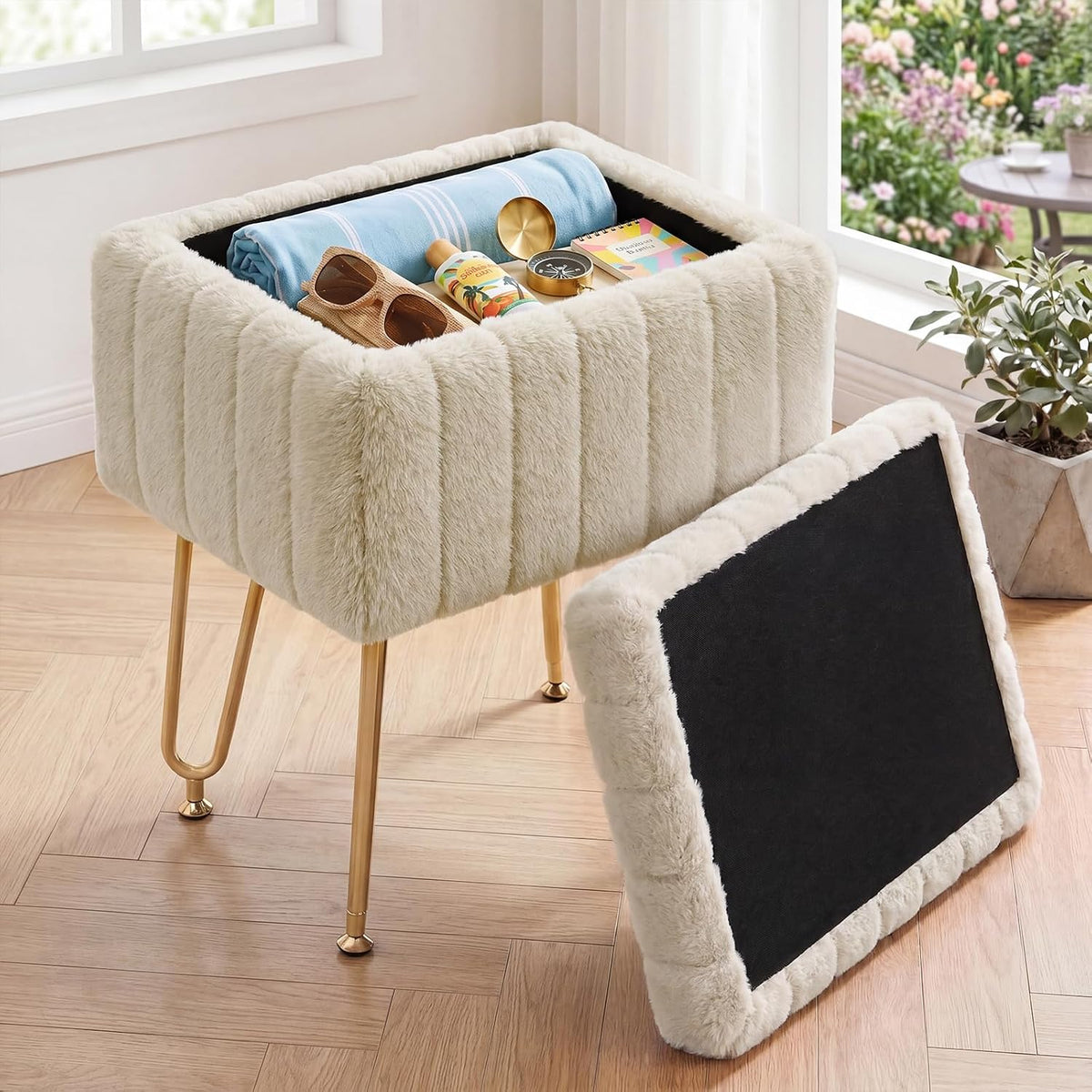 OLIXIS Vanity Stool Chair Faux Fur with Storage, Soft Ottoman 4 Metal Legs with Anti-Slip Feet, Makeup Cute Soft Small Footstool, Modern Style Faux Fur Seat for Makeup, Bedroom Dresser, Camel