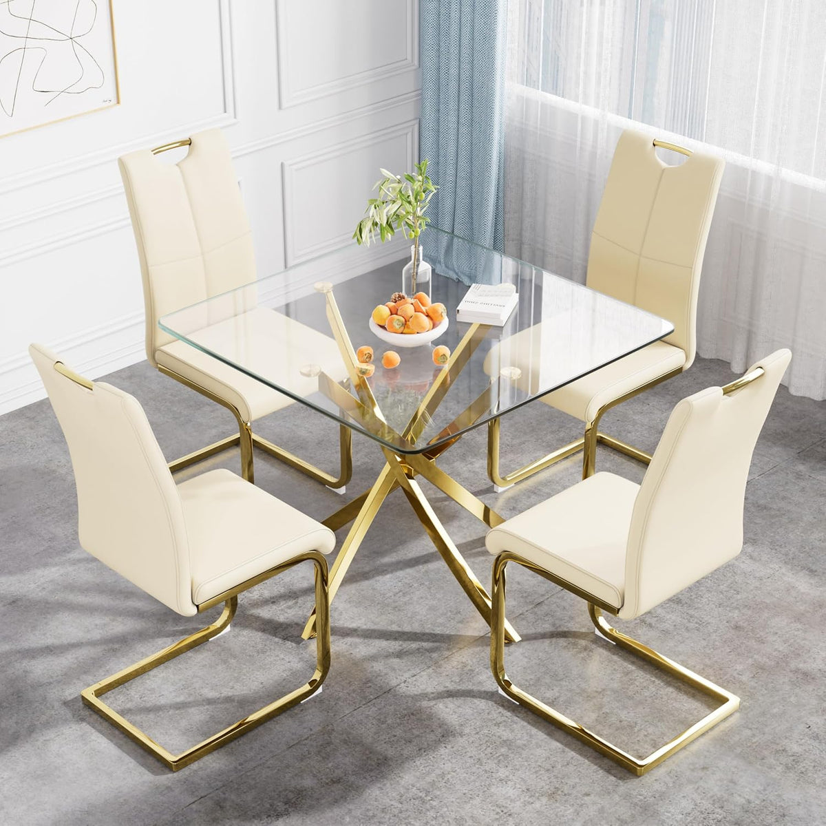 36 Inch Dining Table Set for 4, Modern Square Tempered Glass Top, Gold Finish Stainless Steel Legs Table and PU Leather Chairs for Dining Room, Living Room, Kitchen, Beige with Gold Base