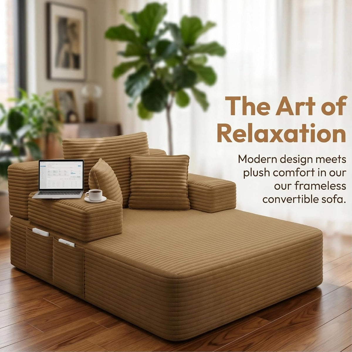 61 inch Floor Chaise Lounge Chair Indoor, Oversized Corduroy Lounge, Deep Seat Sofa Bed for Living Room, Comfy Reading Nook Chair for Small Spaces, No Assembly Required, Camel