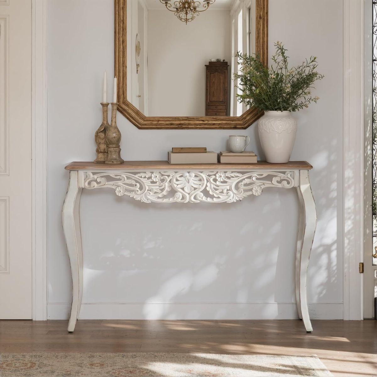 Console Table for Entryway with Carved Details, 43.31" Long Sofa Table Behind Couch, Vintage French Country Entry Table with Wood Carvings and Curved Legs for Hallway, Living Room - Antique White