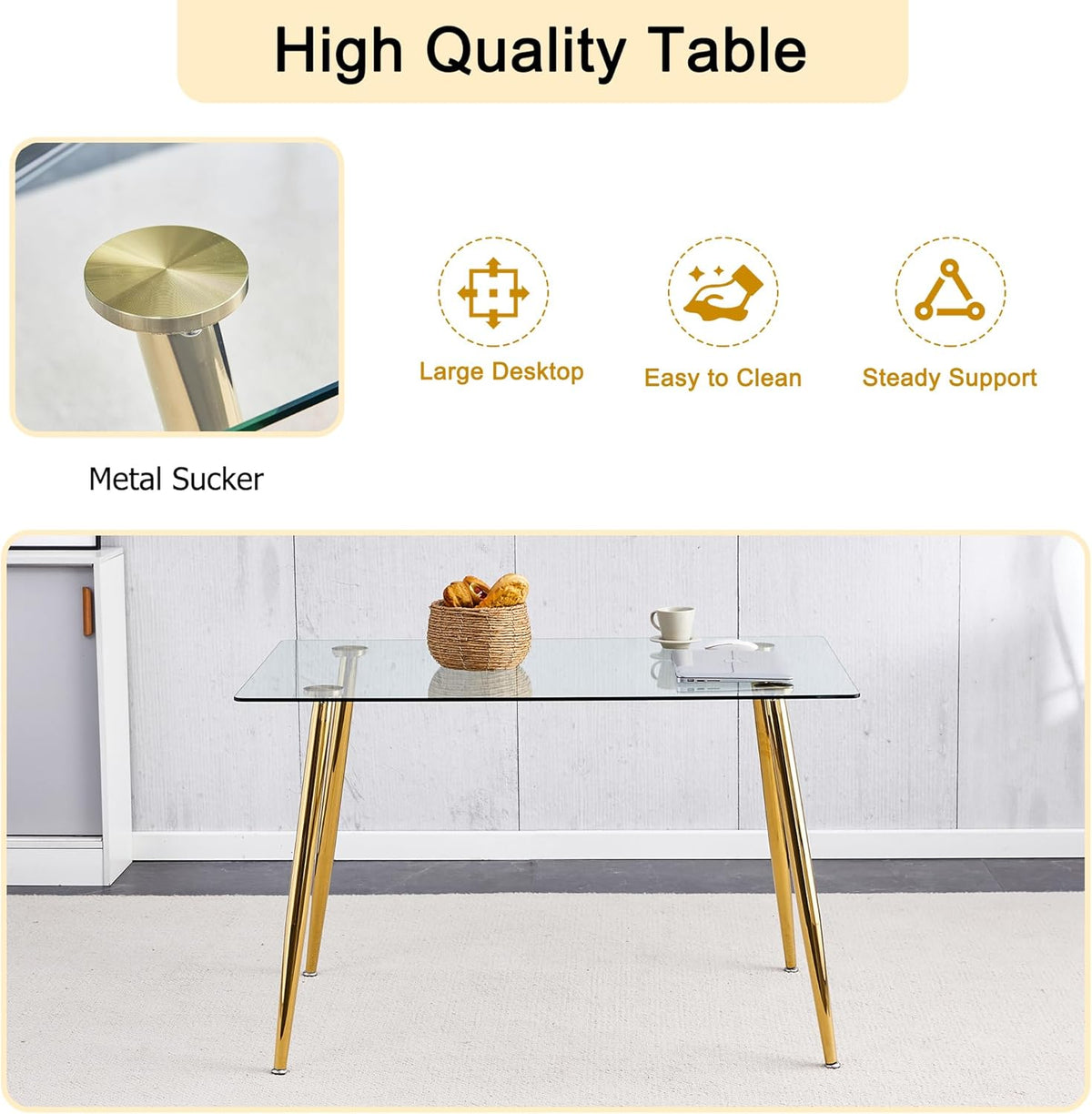 Baysitone 51" Modern Glass Dining Table with 4 Hot Pink Velvet Dining Chairs, Gold Metal Legs - Stylish 5-Piece Dining Set for Home