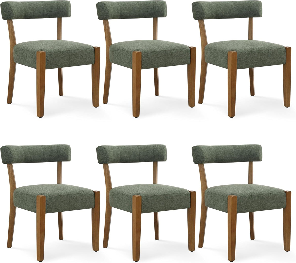 RNKSFX Upholstered Green Dining Chairs Set of 6, Walnut Wooden Kitchen & Dining Room Chairs, Mid Century Modern Fabric Farmhouse Dining Chairs Oversized Sturdy Rounded Chairs Curved Back