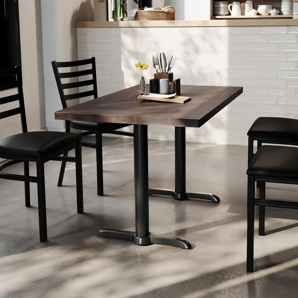 Flash Furniture Bennett 30" x 48" Solid Wood Commercial Indoor Tabletop in Dark Brown with Dual 5" x 22" Dining Height Black Cast Iron T Bases, 400 lb. Static Capacity