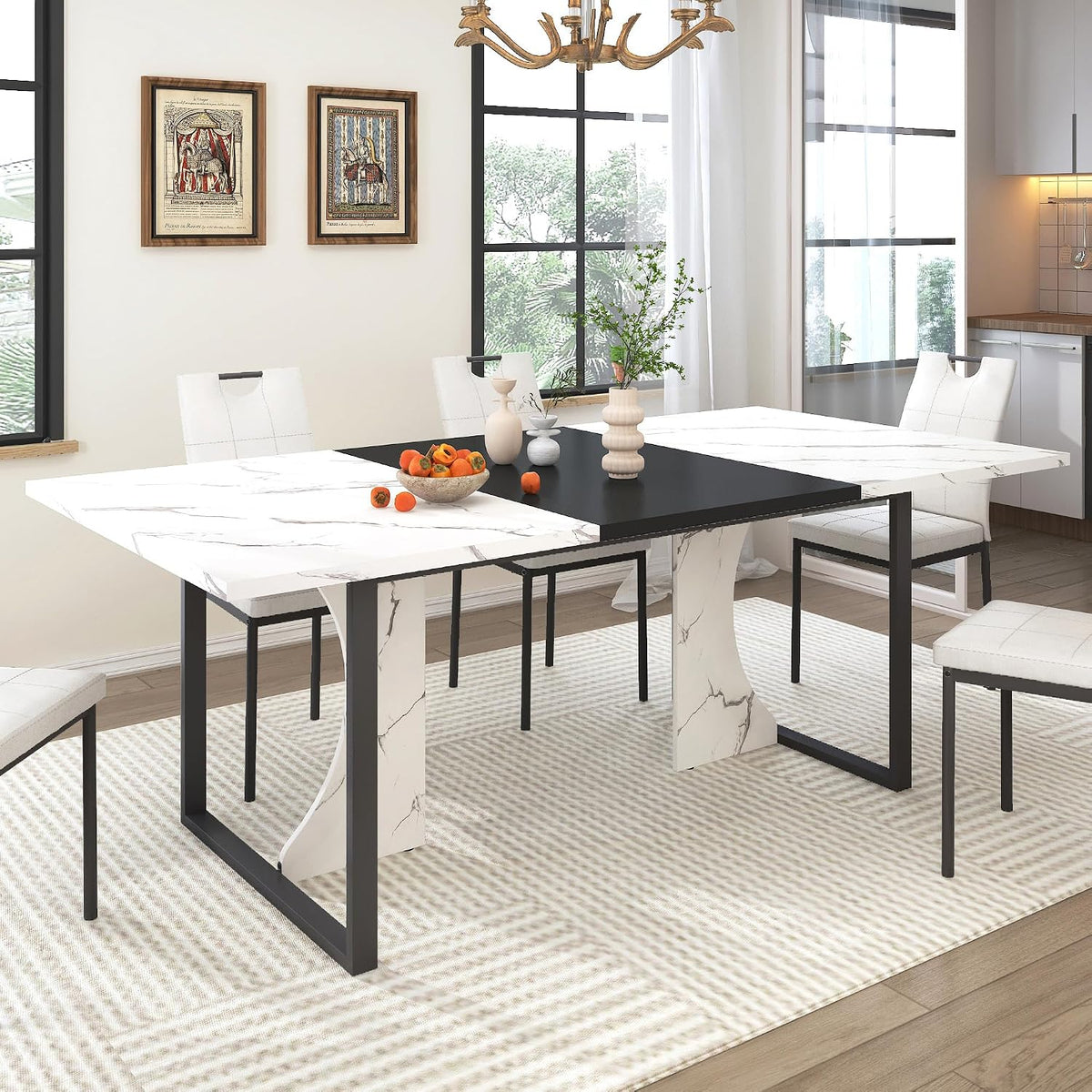 chartustriable 7PCS Dining Table Set with 6 Chairs for 4 5 6 People, 71" Large Wooden Kitchen Table Sets with 6 Upholstered Chairs,6-Person Kitchen Table & Chairs Set for Dining Room Kitchen(White)