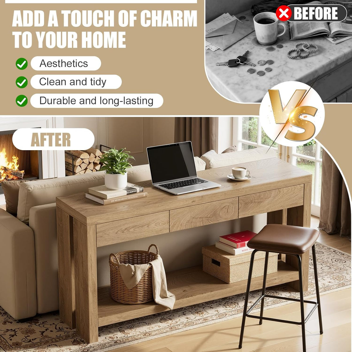 PAKASEPT 63'' Wood Console Table with Drawers, Farmhouse Entryway Table with Open Storage Shelf,Couch Table Behind,Long Foyer Tables for entryway, Sofa for Living Room Hallway,Natural