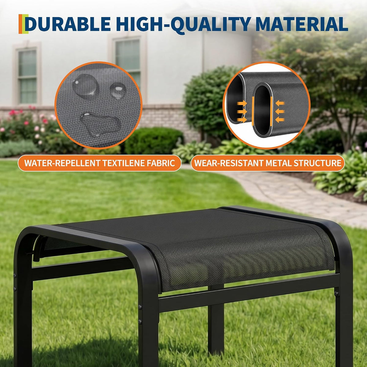 Outdoor Ottoman Set of 2, Ottoman Foot Rest with Textile Fabric, Metal Frame, No-Slip Feet, Stackable Stools for Patio Garden Pool, Black
