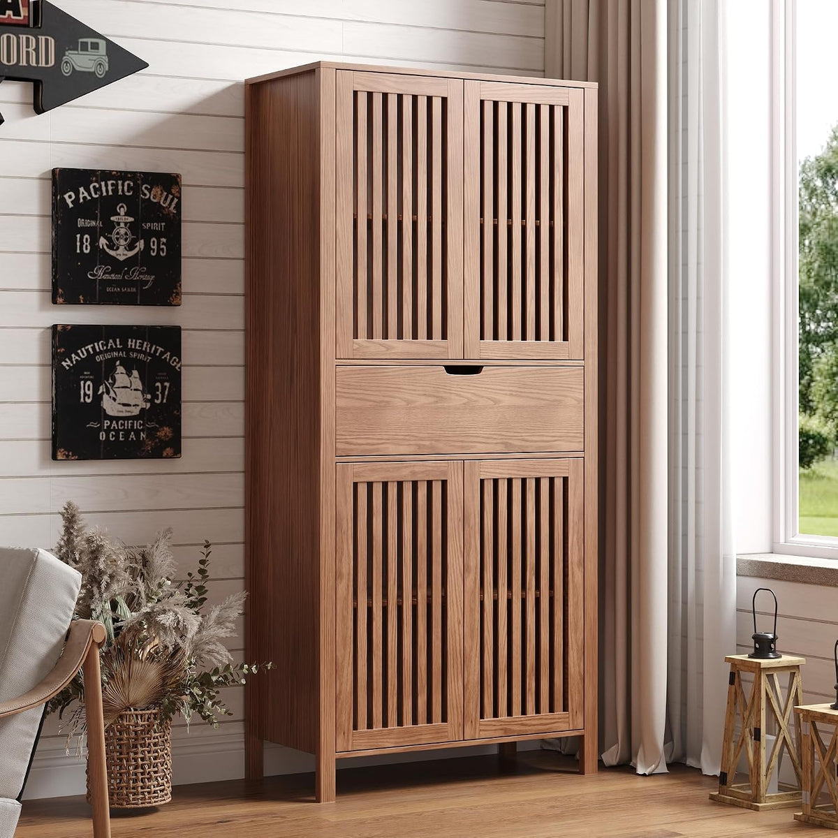 BVIUNTWO Farmhouse Wooden Kitchen Pantry Storage Cabinet, Tall Storage Cupboard with Slatted Doors & Drawer, 68.8" Freestanding Cabinet for Kitchen, Dining Room, Living Room, Brown