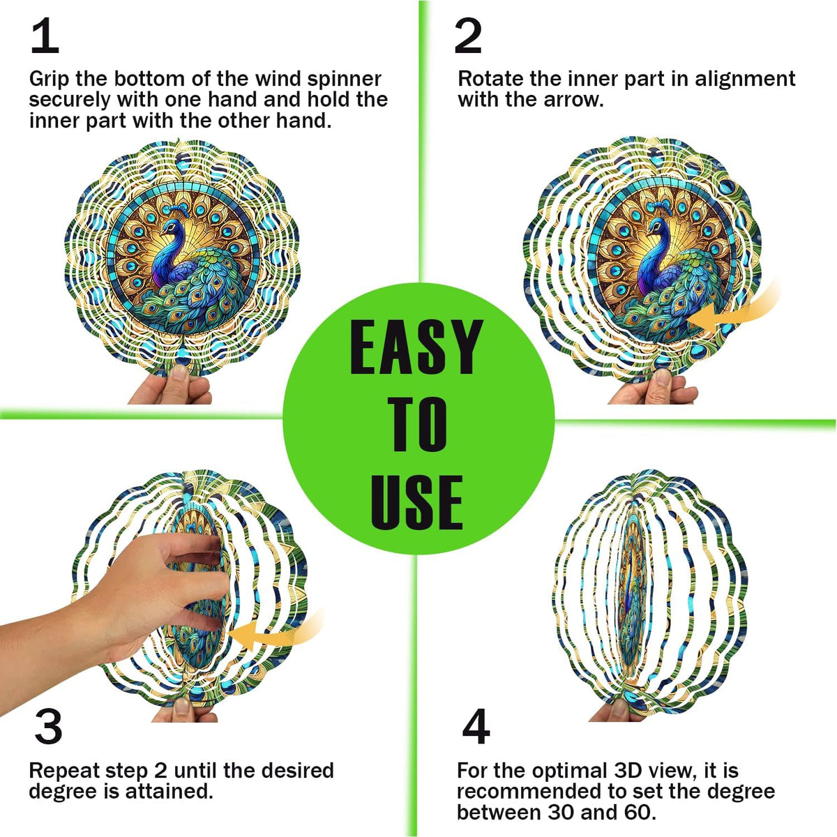 Peacock Wind Spinner, 3D Hanging Stainless Steel Garden Spinner, Wind Spinner Hanging for Outdoor & Indoor Décor, Unique Gifts for Yard Garden Decoration or Patio Décor (Peacock)