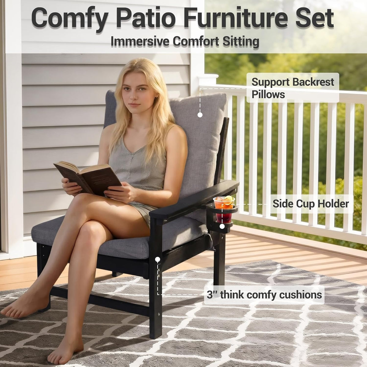 HDPE Patio Armchairs Set of 2 w/Cup Holeder, Outdoor Sectional Couch w/Thick Gray Cushions, Deep Seating Single Sofa for Garden, Deck, Front Porch, Grey