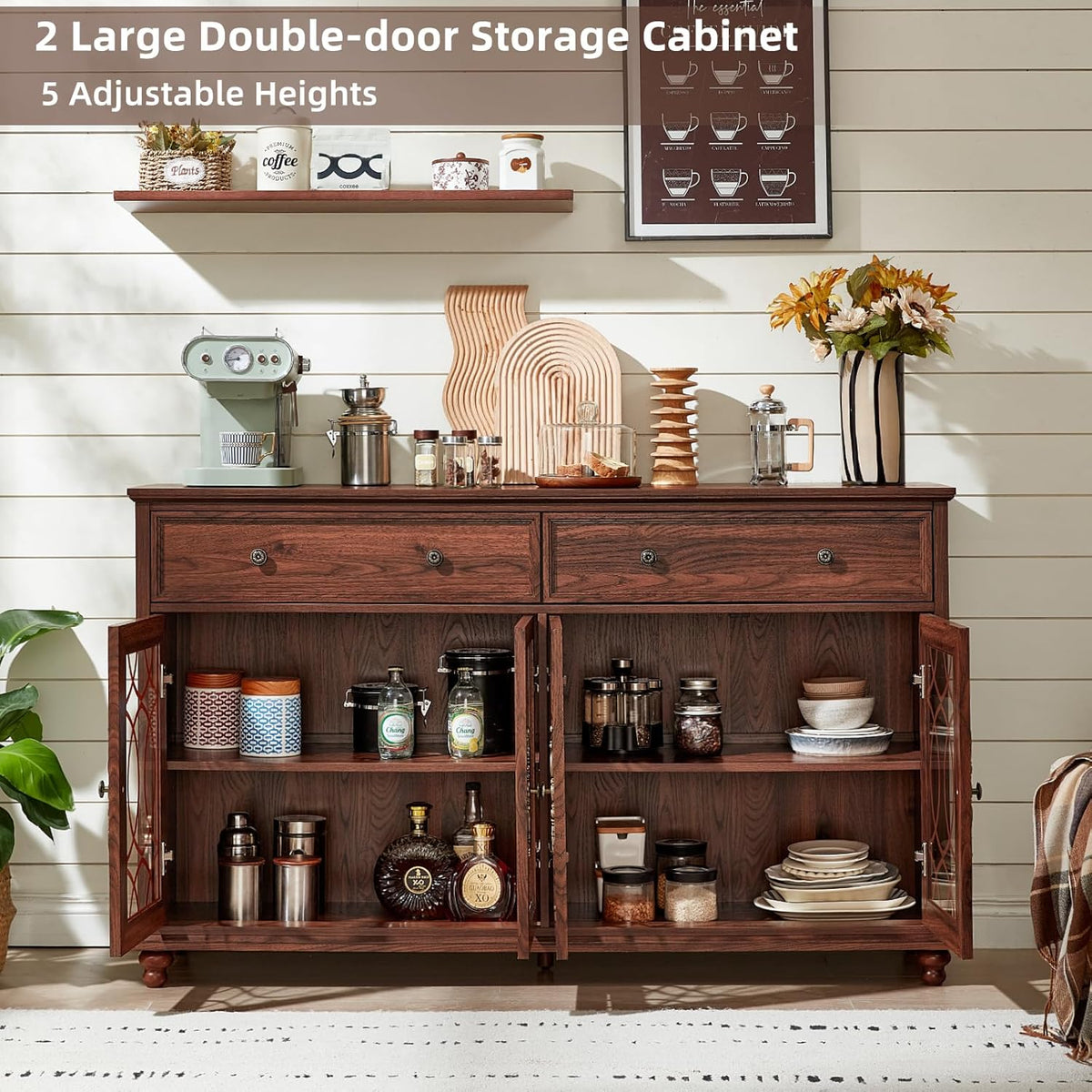 Joaxswe Farmhouse Sideboard Buffet Cabinet with Storage,59" Large Credenza with 4 Glass Doors & 2 Drawers,Adjustable Shelves Console Table,Wood Kitchen Coffee Bar for Dining Room,Living Room,Brown