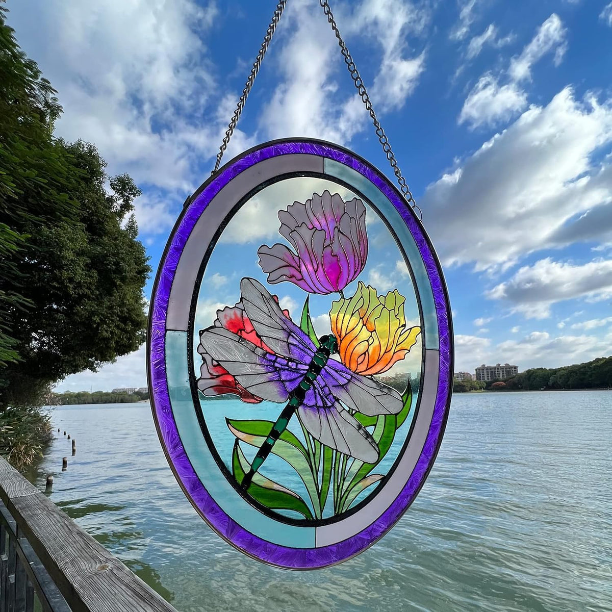 Stained Glass Window Hanging Dragonfly Suncatchers 10 Inch Glass Panel Sun Catchers Indoor Window Wall Art, Stained Glass Dragonfly Light Catchers for Windows Handmade Glass Art Gift