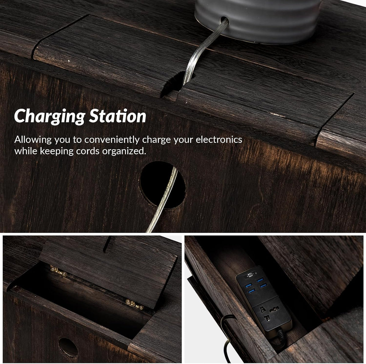HULALA HOME Solid Wood End Tables Set of 2 with Charging Station Space, Vintage Endtables with Wood Legs and 2 Drawers, French Side Tables for Living Room, Charcoal