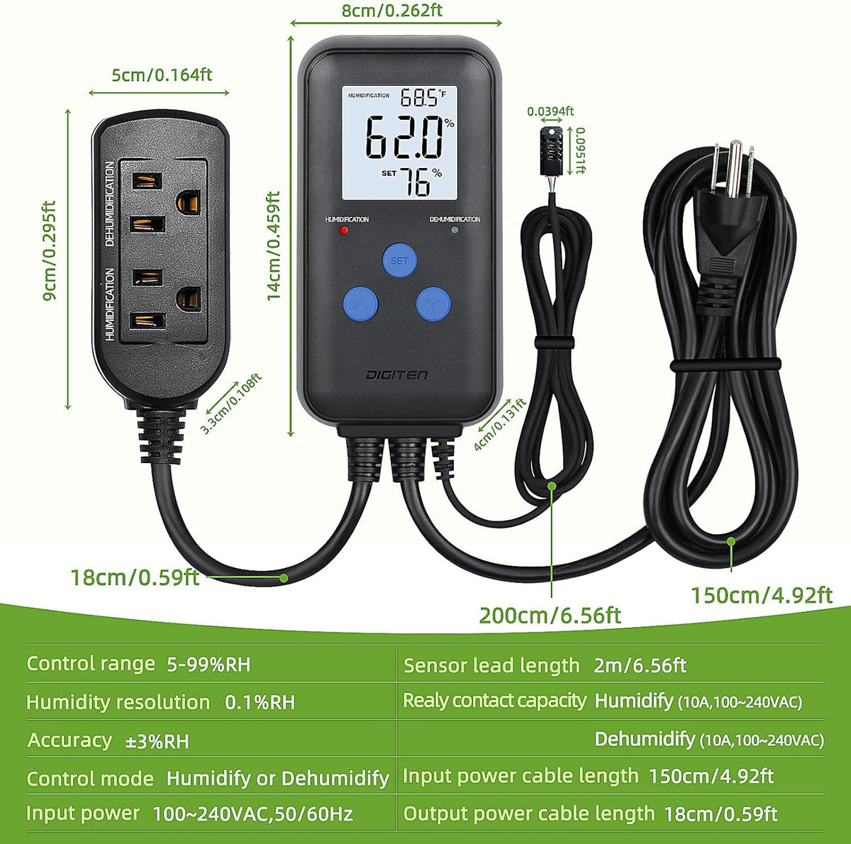 DIGITEN Humidity Controller Pre-Wired Digital Humidistat with Temperature Display, Dual-Stage Outlet Humidifier /Dehumidifier for Mushroom,Reptile, Greenhouse, Fan, Grow Tent