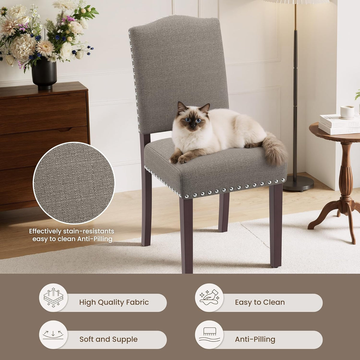 Upholstered Dining Chairs Set of 4 with Thickened Seat Cushion, Wooden Mid-Century Modern Fabric Farmhouse Kitchen Chairs for Dining Room Living/Restaurant/Reading Room