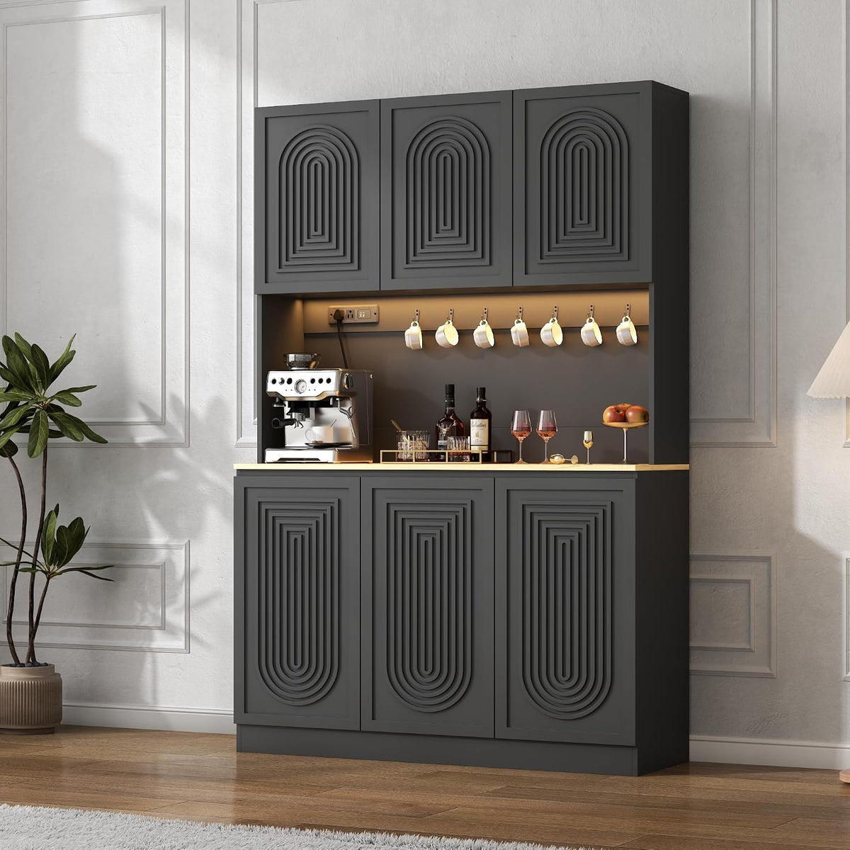 71" Black Kitchen Pantry with Power Outlet, Kitchen Hutch with LED Light | Tall Modern Buffet Cabine with Countertop, Large Food Pantry Storage with Adjustable Shelf for Dining Room (Black 6 Doors)