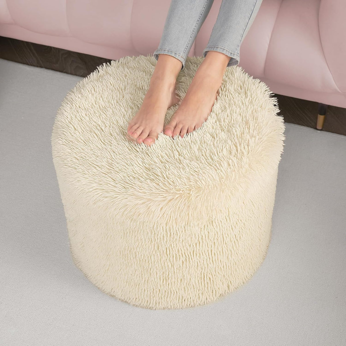 Hansleep Round Pouf Ottoman Foot Rest, Footstool, 17 x 14 Inch, Beige | High-Density One-Piece Foam, Firm & Stable, for Couch, Bedroom, Living Room, Mechine Washable Cover