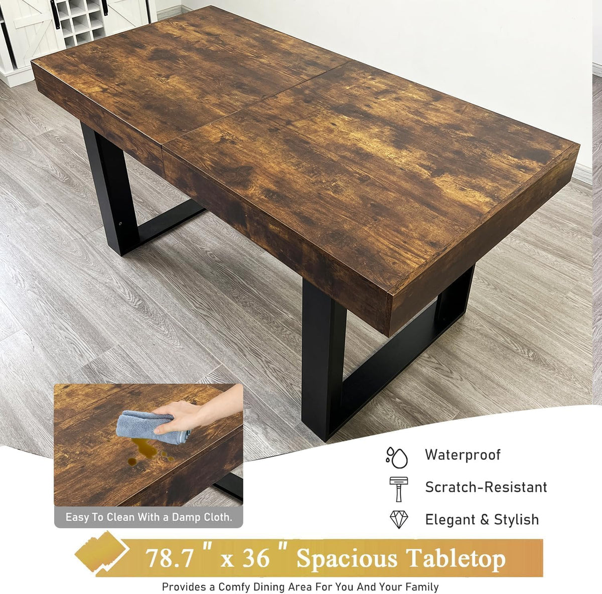 7-Piece Extendable Dining Table Set for 6, 63-78 Inch Rustic Brown Kitchen Table Set with 6 Black Tufted Chairs Farmhouse Wood Expandable Dining Room Table Set 6 for Kitchen Dining