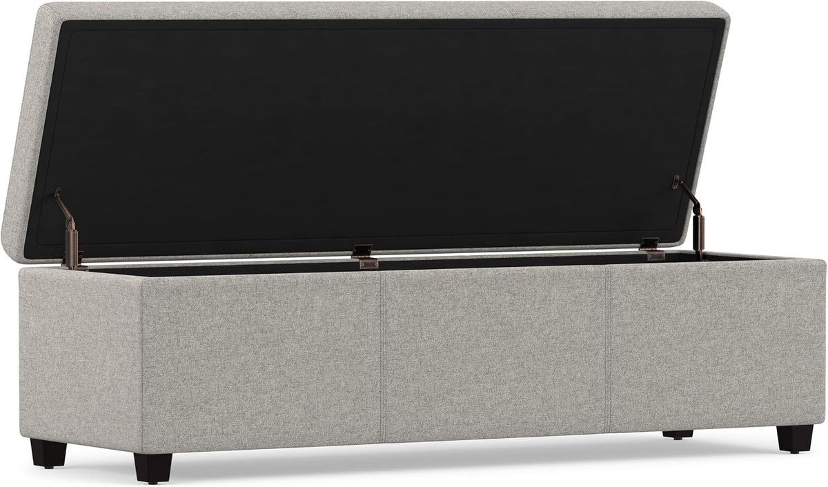 SIMPLIHOME Avalon 54" Wide Linen Look Fabric Storage Ottoman in Cloud Grey | Contemporary lift-top ottoman with high-density foam; rectangle storage bench or coffee table for living room or entryway.