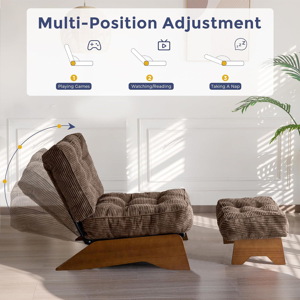 MAXYOYO Accent Chair with Ottoman, Lounge Chair with Adjustable Backrest | Tufted Living Room Chair Upholstered Lounge Chair with Footrest Set, Modern Chair for Reading Room, Brown