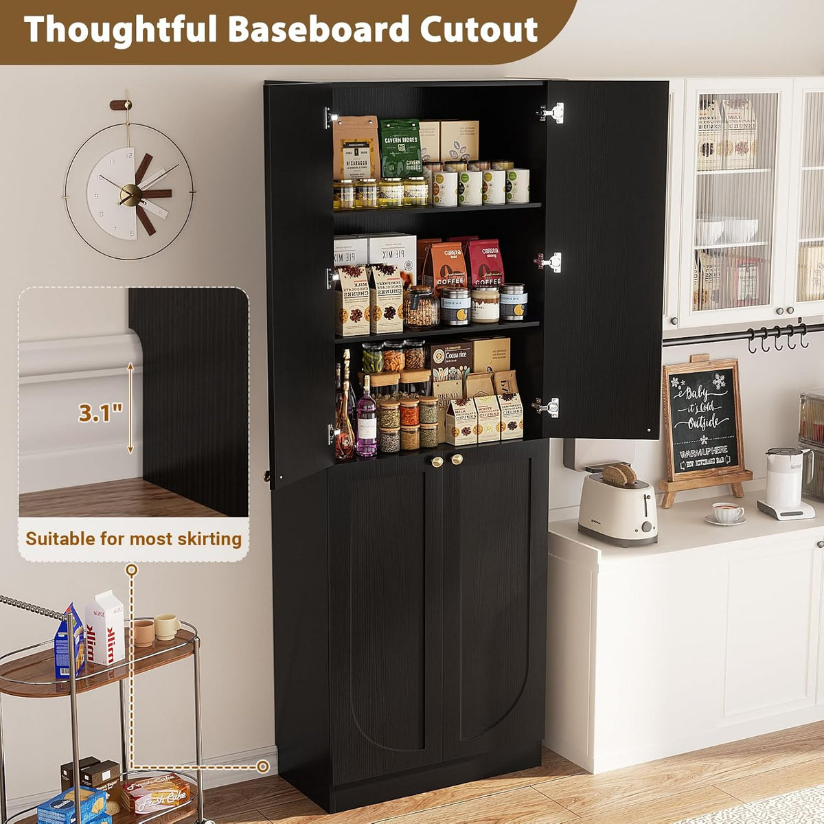 Cyclysio 80" Tall Kitchen Pantry, Wide Arch Storage Cabinets with 4 Glass Doors and Adjustable Shelves, Freestanding Wood Floor Cupboard with Seamless Fit Wall for Living Room, Dining Room