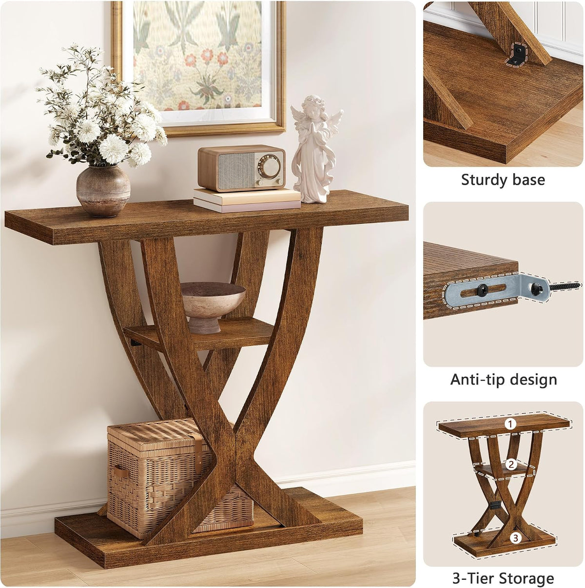 FAVOOSTY Entryway Table, 3 Tier Hallway Table, Console Tables for Living Room, Narrow Entrance Table with Storage, Sofa Table Behind Counch, Accent Table for Entry Foyer, Rustic Brown