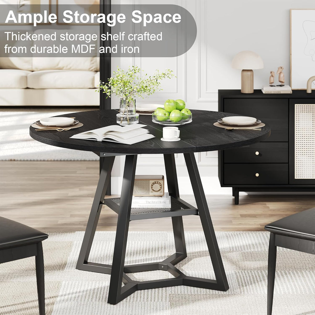 knoworld Round Dining Table for 4, Kitchen Tables Dining Room Circle Dinner Table with Pedestal Metal Frame, Space Saving Wood Industrial Kitchen & Dining Room Tables, Black 43In