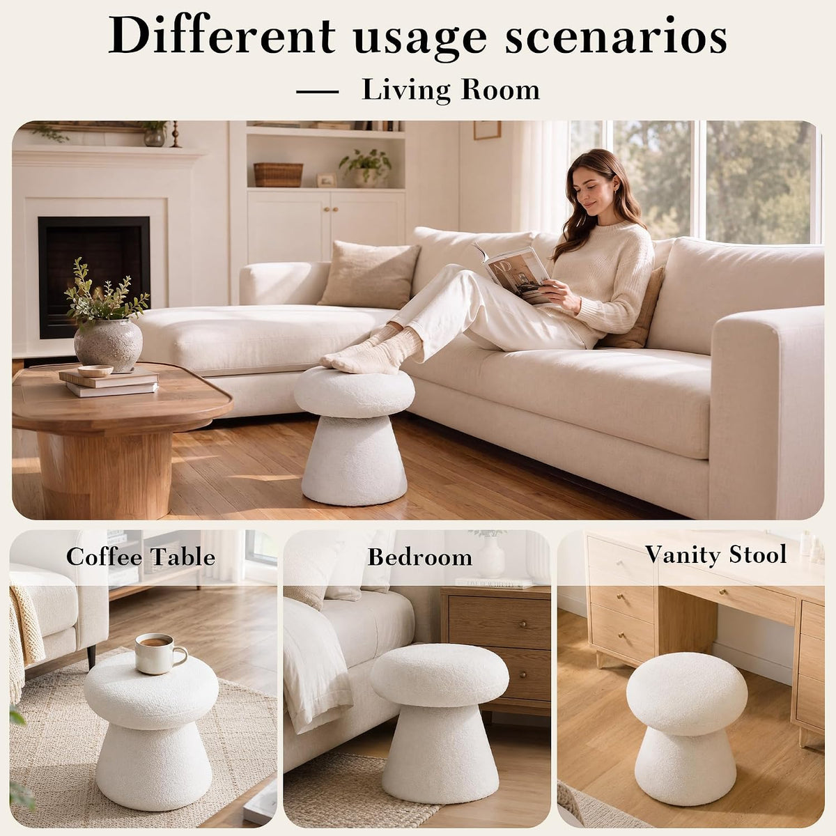 FOXHUNTER Mushroom Pouf Ottoman with 360° Rotation, White | Footstool with Sponge Filling, No Assembly Required, Soft Shoe Stool, Makeup Chair for Living Room Bedroom Entrance