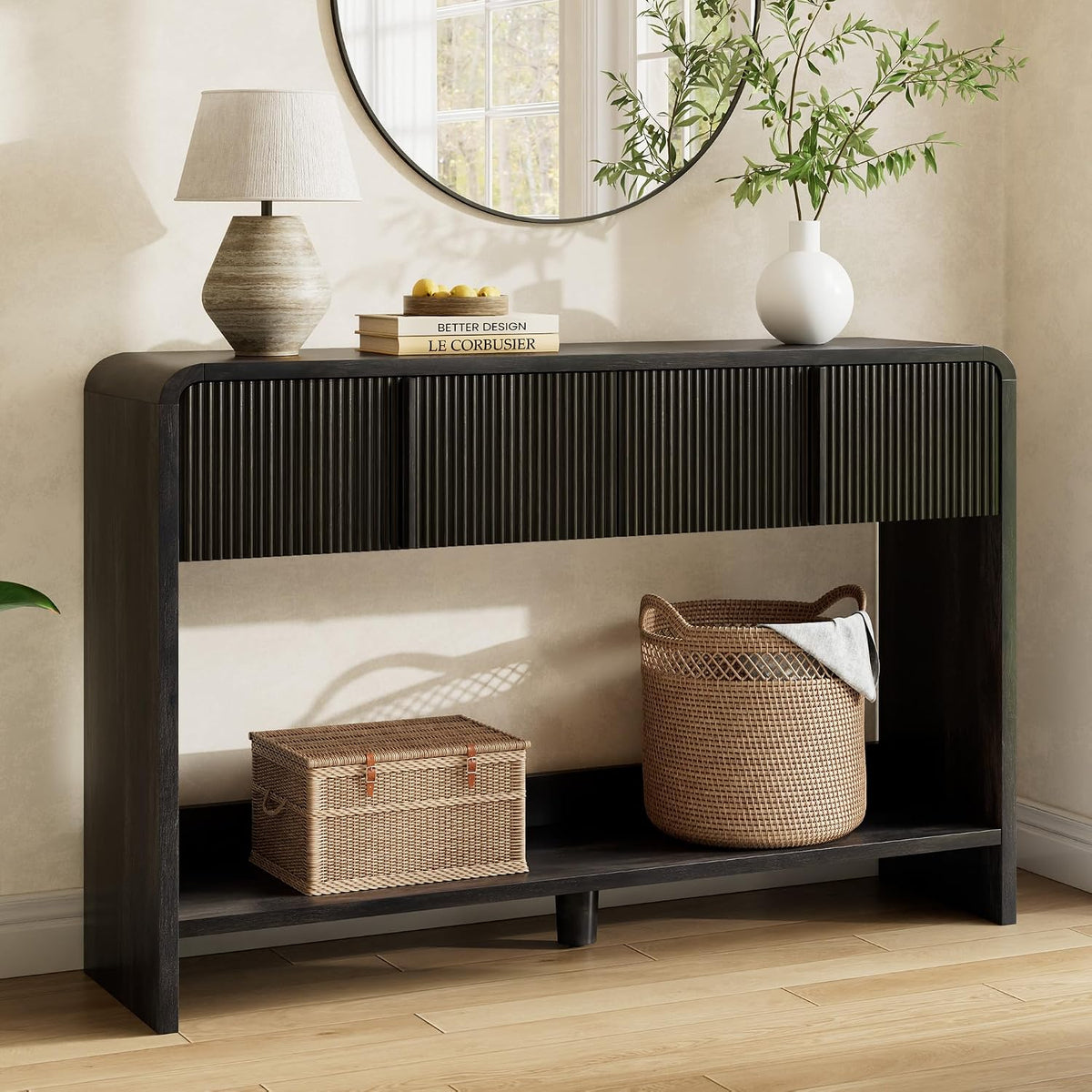 AMERLIFE 45" Fluted Entryway Console Table with 2 Drawers and Open Shelf | Modern Entryway Table with Rounded Edges, Wood Sofa Table for Hallway, Foyer, Behind Couch, Living Room, Black