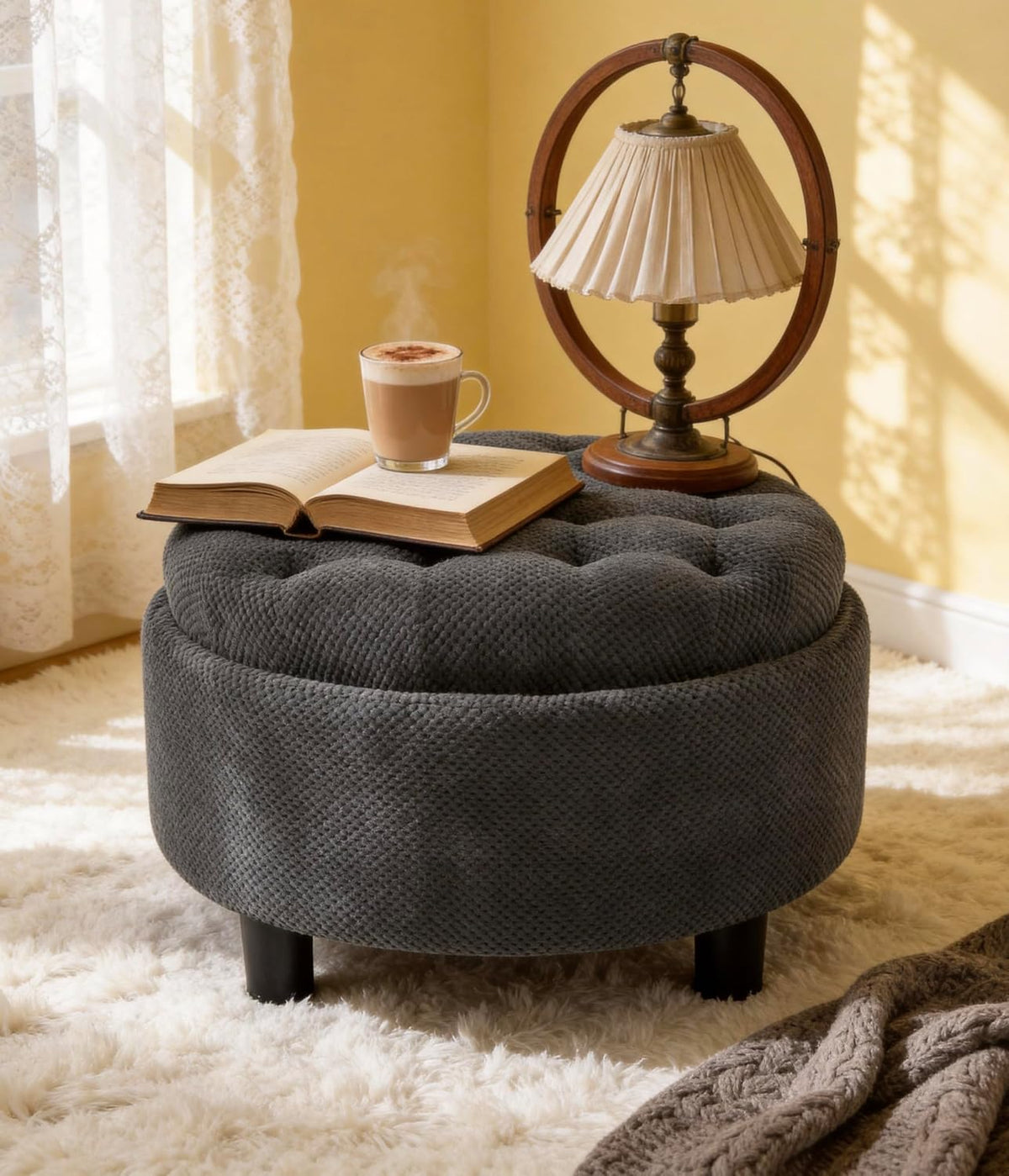 25'' Round Storage Ottoman with Reversible Tray Lid, Tufted Footrest Stool with Hidden Storage, Couch Side Table for Low Tea (Dark Grey)