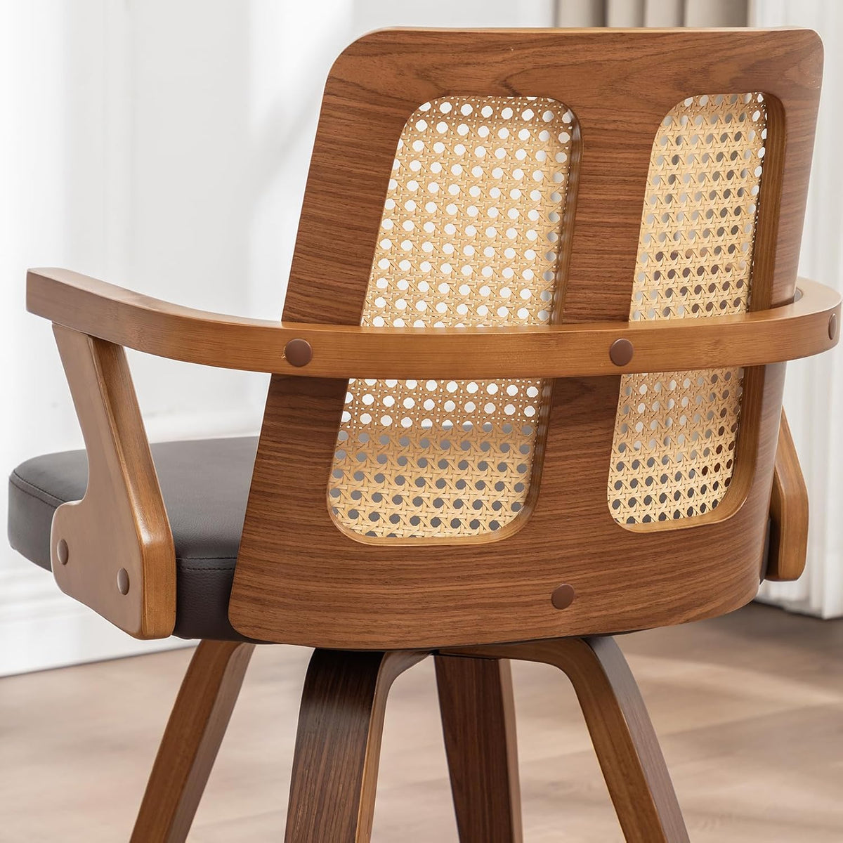 Walnut Dining Chairs - Swivel Rattan Dining Chairs with Bentwood Frame with Ergonomic Cane Back, Curved Arms, MCM Dining Chairs for Kitchen/Restaurant/Living Room/Conference (Walnut Brown, Set of 2)