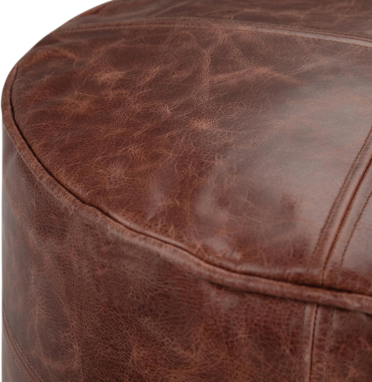 SIMPLIHOME Connor 18" Wide Round Pouf in Distressed Brown Genuine Leather | Boho footstool, extra seating for living room or bedroom with polystyrene filling, assembled; pouf ottoman or floor cushion.