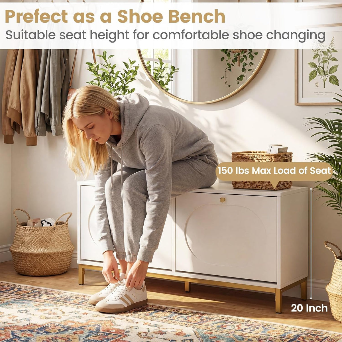 Giantex Shoe Storage Bench with 2 Flip Drawers, 39.5" W Entryway Bench with Storage, Adjustable Shelves, Modern Shoe Cabinet for Entry Way, Hallway, Foyer, Living Room, White & Gold