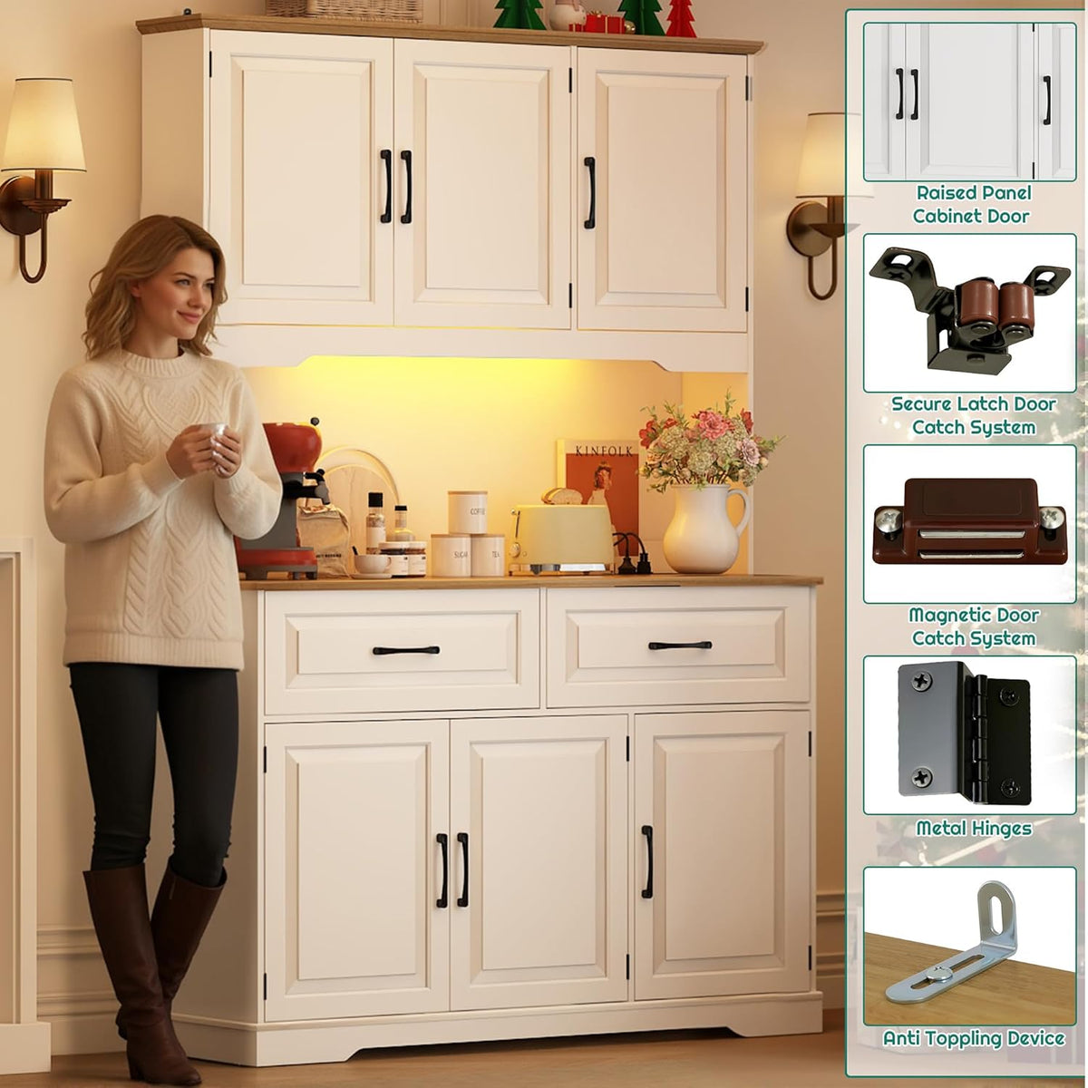 71" Tall 47" Wide Large Pantry Storage Cabinet w/ Power Outlet,LED Light,Farmhouse Kitchen Hutch Food Pantry Cabinet,2 Drawer,8 Doors Shelves,Open Countertop for Kitchens,Dining Room,white