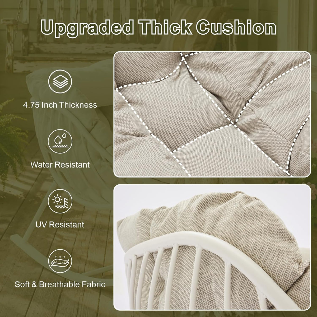 Oversized Outdoor Rocking Chair, Patio Papasan Egg Chair, Rocker Reading Lounge with Thick Cushion, Comfy Indoor Rocker Chair for Bedroom, Living Room, Porch, Poolside