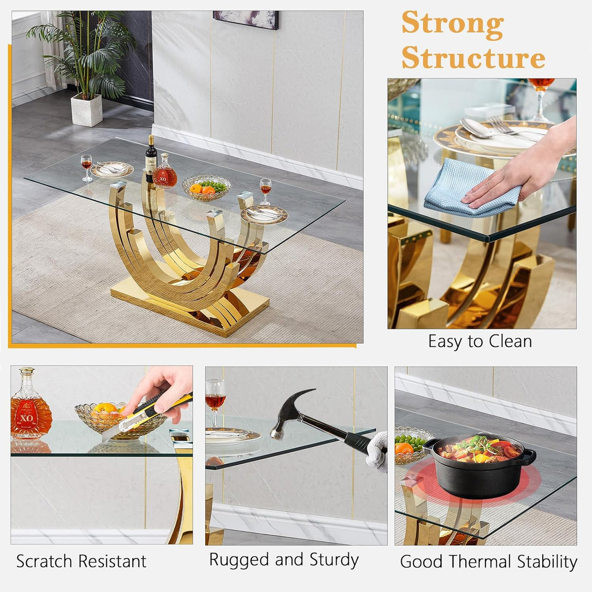 70 inch Tempered Glass Dining Table, Rectangular Glass Kitchen Table with Gold Stainless Steel C Shape Base, 4 to 6 Seater, Modern Dining Room Table for Daily Meals, Dinner Party, Family Gathering