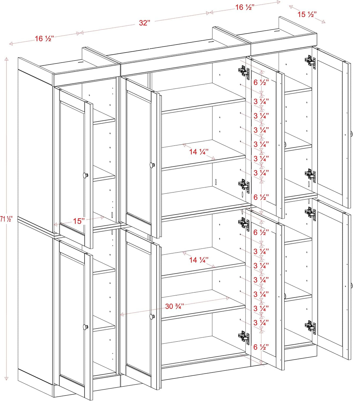 Palace Imports Solid Wood Kitchen Pantry Cabinet – 71.5" Tall x 65" Wide – Wooden Storage Cabinet with 8 Shaker Doors & 12 Adjustable Shelves – Gray, 100% Eco-Friendly Wood, Made in Brazil, Cupboard