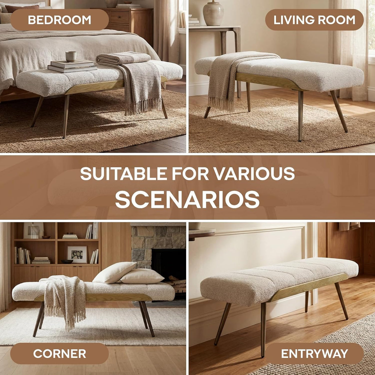 CIMOTA Mid-Century Modern Upholstered Bench, Upholstered Boucle Ottoman Bench with Solid Wood Trim and Bronze Metal Legs, 49.5" Accent Bench for Bedroom, Entryway, Living Room, End of Bed, Beige