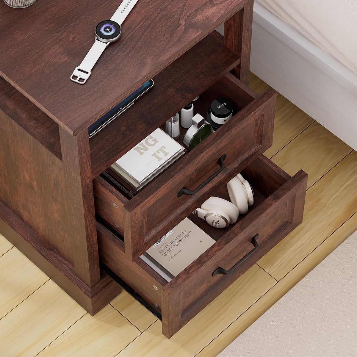 HOMMPA 18'' W Farmhouse Nightstand with Charging Station, Bedside Tables with Open Shelf, 2 Drawers End Table Dresser Side Table, Wood Night Stand for Bedroom, Cherry