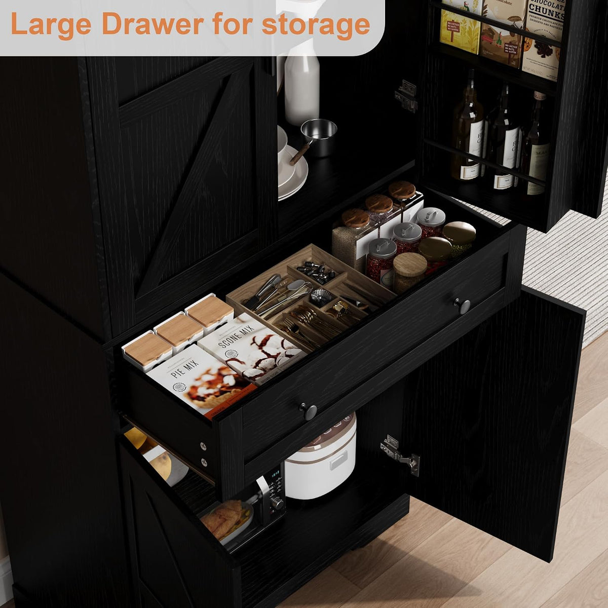 Garvee 71" Kitchen Pantry Cabinet, Barn Door Freestanding Cupboard with Drawer, Sliding Storage Rack, and 6 Hanging Shelves for Kitchen, Dining Room, Living Room Bedroom
