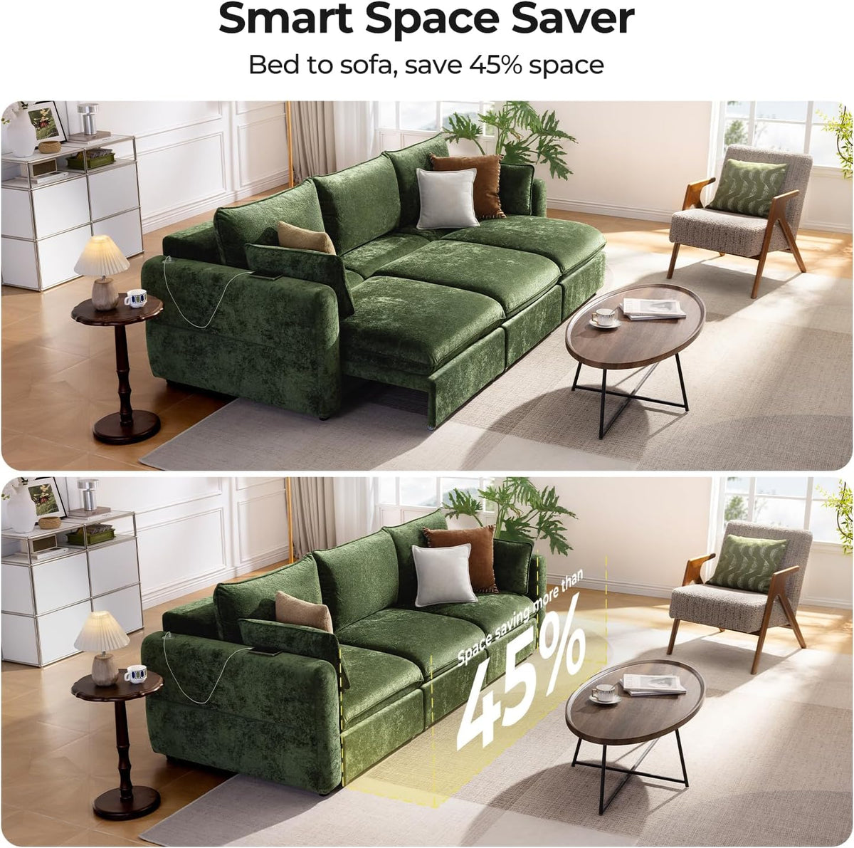 103" Electric Pull Out Sleeper Sofa Bed, 2in1 Power Extendable Couch Bed | Velvet Green, Fast Charging USB Port, 3 Smart Motor, Wide Backrest, Oversized Convertible Couches for Living Room Small Space