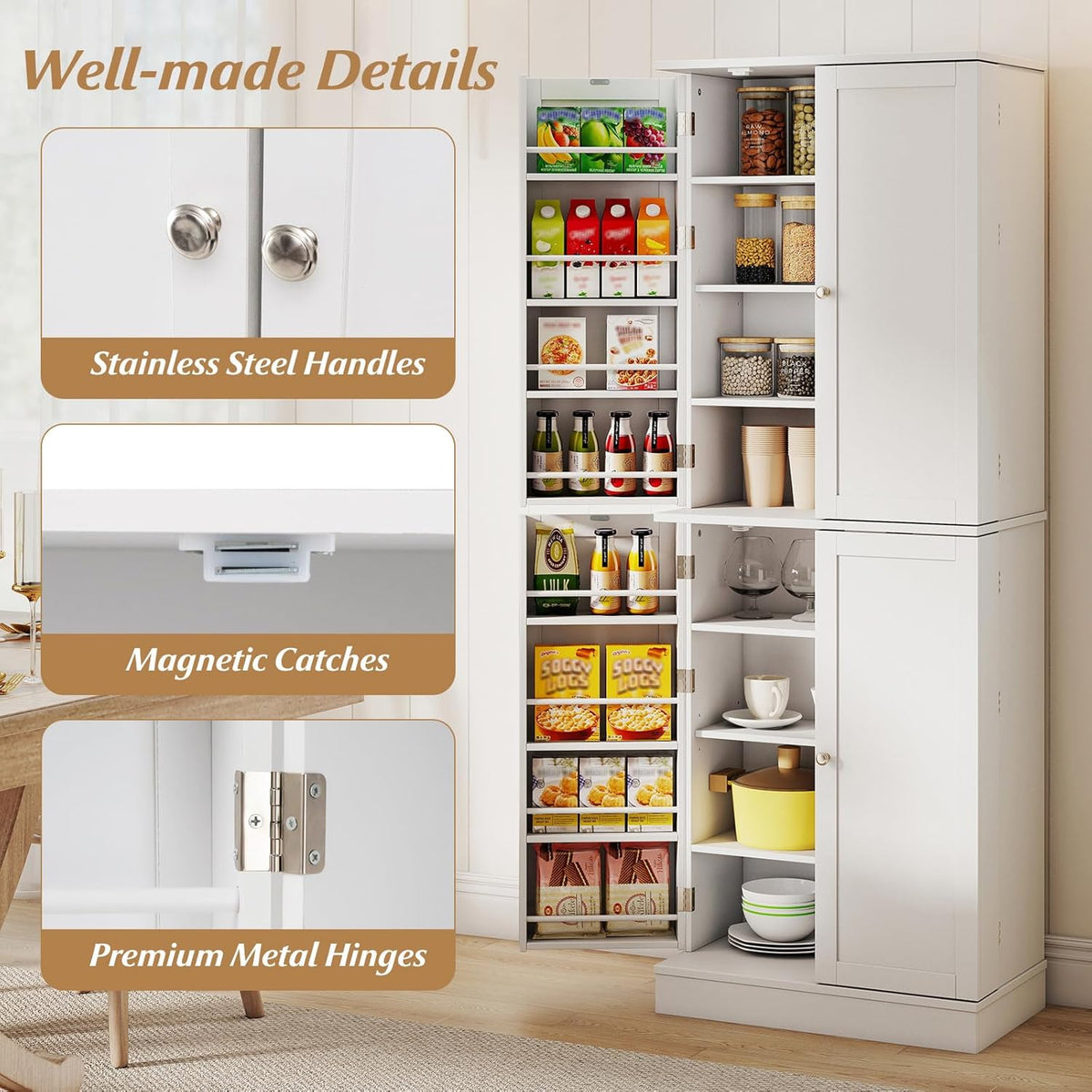 Byroce 65.5” Kitchen Pantry Cabinet, Storage Cabinet with 4 Doors & 8-Tier Shelves, Freestanding Kitchen Hutch Cupboard with Baffle, Tall Buffet Sideboard for Dining Room & Living Room (White)