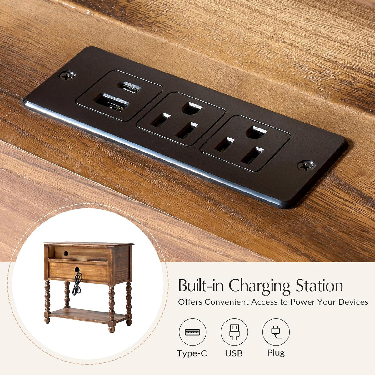 HULALA HOME Farmhouse Storage End Table Set of 2 with 2 Drawers and Open Shelf, Solid Wood Side Table with Spindle Legs, End Table with Charging Station (Walnut)