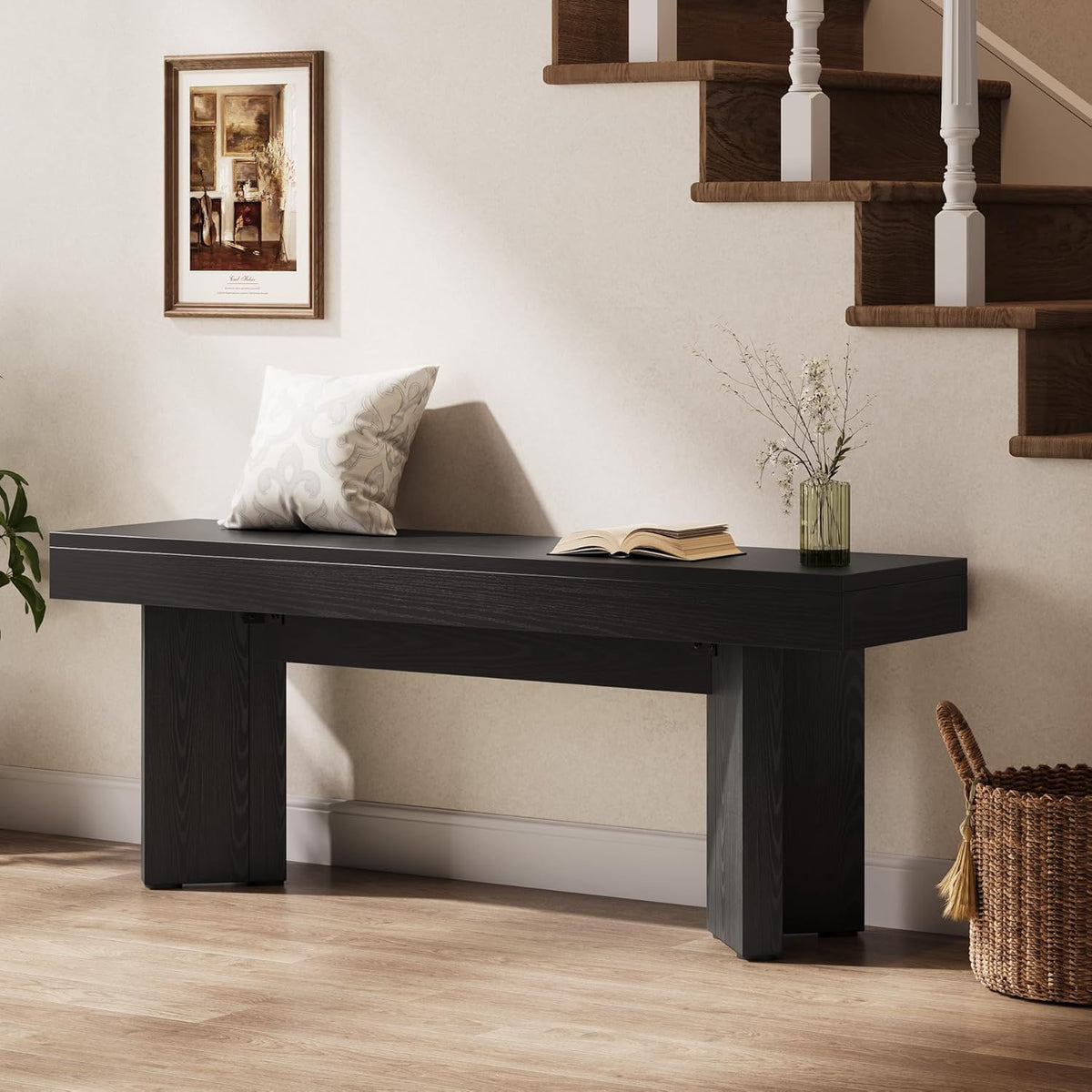 Tribesigns Wooden Entryway Bench, 47" Farmhouse Indoor End of Bed Bench, Long Dining Benches Seat for Bedroom, Dining Room, Hallway, Foyer (Black)